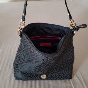 Tommy Hilfiger Black Signature Gold Tone Handbag Monogram Purse allover Logo